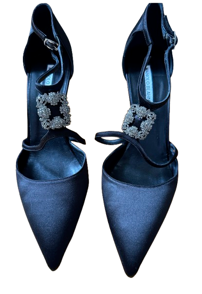 Manolo Blahnik Black Satin Seneca 105 Pumps