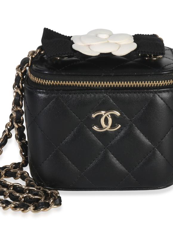 ChanelQuilted Black Lambskin Camelia Bow Chain Mini Vanity Case