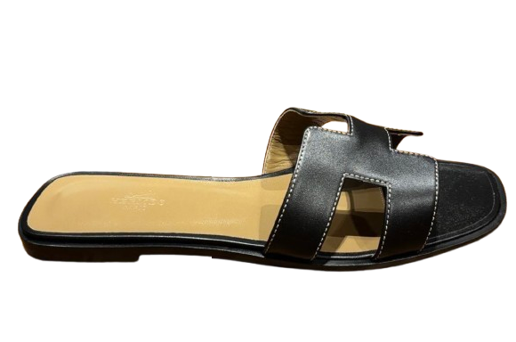 Hermes Black Leather Oran Sandals