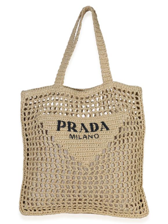Prada  Raffia Effect Logo Crochet Tote
