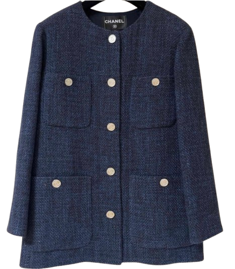 Chanel Blue Tweed Button Front Jacket