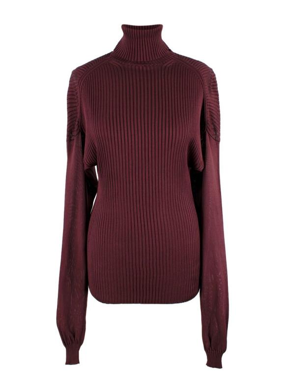 Bottega Veneta Burgundy Long Sleeve Ribbed Turtleneck Top