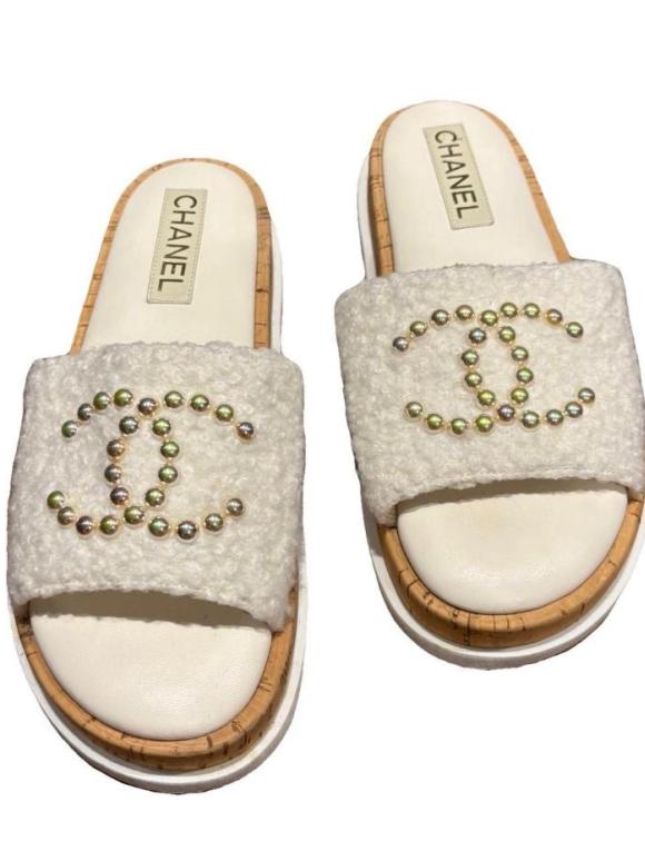Chanel Embellished Terrycloth Slides
