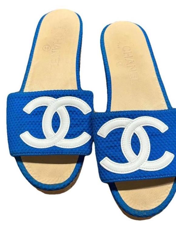Chanel Blue Fabric CC Slides
