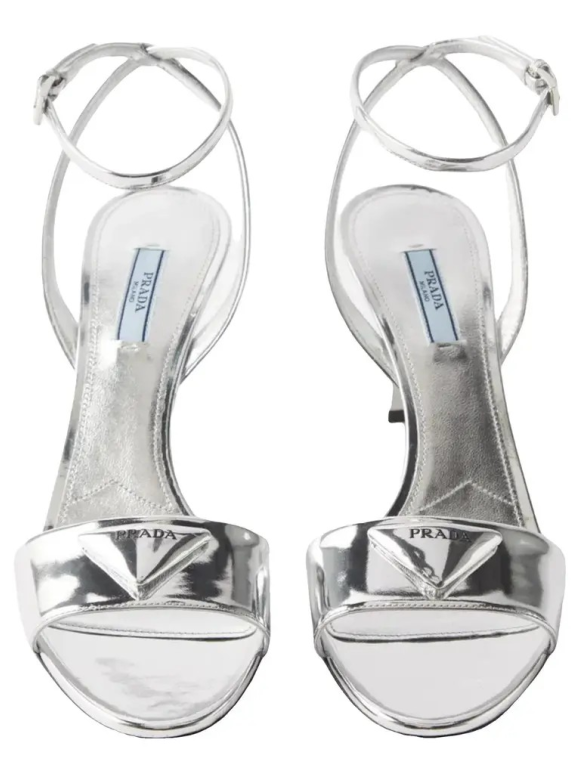 Prada Modellerie Logo-Plaque Metallic-Leather Sandals.