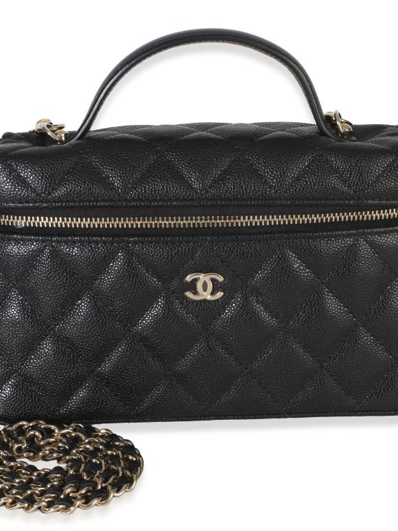 Chanel Black Quilted Caviar Top Handle Slim Vanity With Chain