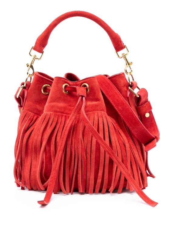 Saint Laurent Red Small Suede Emmanuelle Fringe Bucket Bag