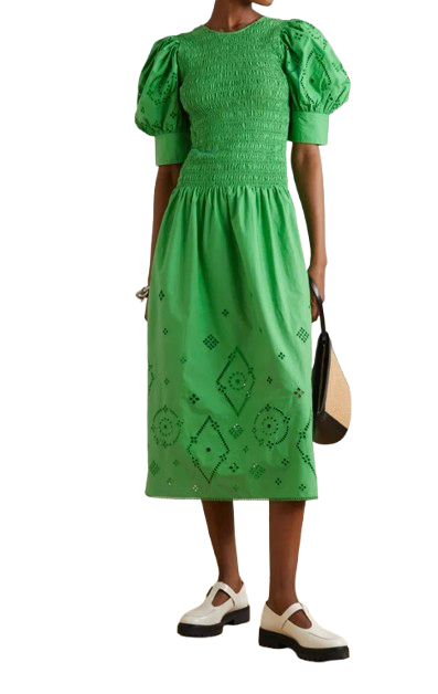 Ganni Green Cotton Smocked Dress