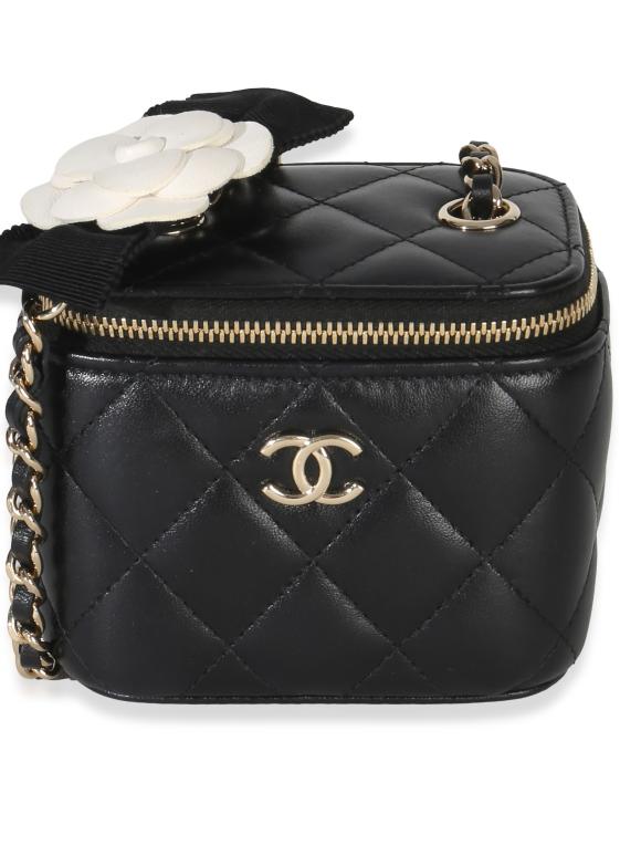 Chanel  Quilted Lambskin Camellia Bow Chain Mini Vanity Case