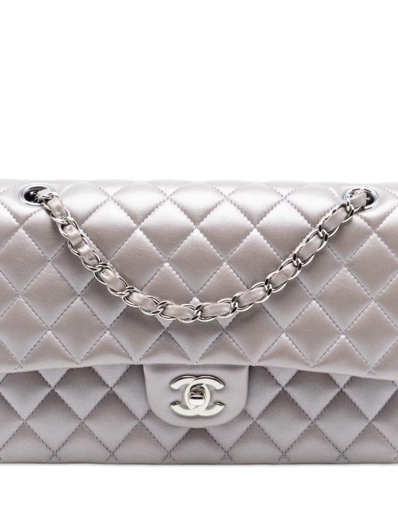 Chanel Silver Medium Classic Metallic Lambskin Double Flap