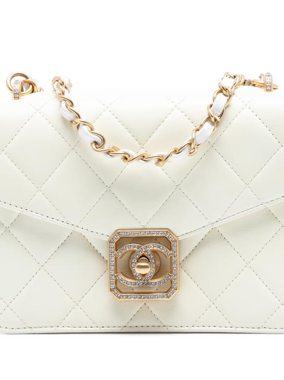 Chanel White Quilted Lambskin Crystal Geometric CC Frame Flap