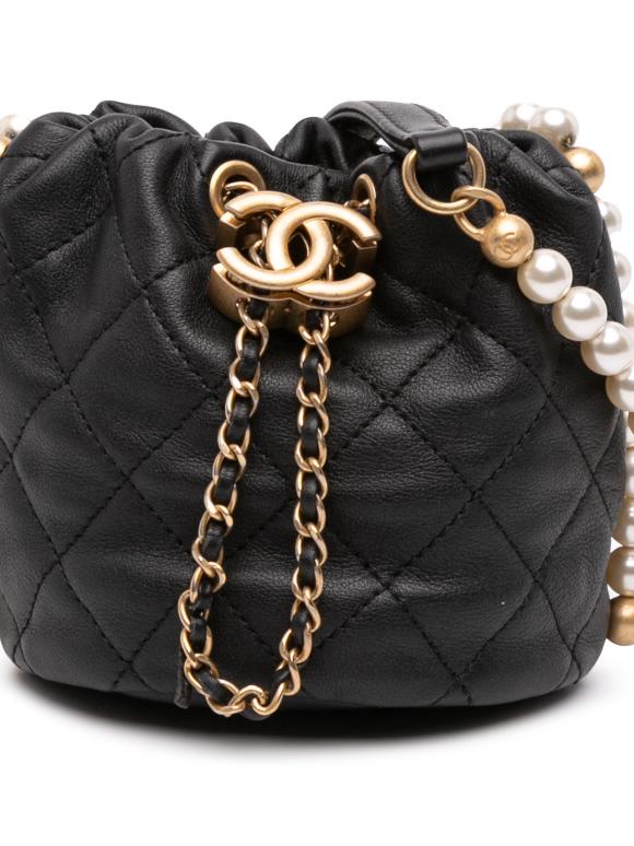 Chanel Black Mini Quilted Calfskin About Pearls Drawstring Bucket Bag