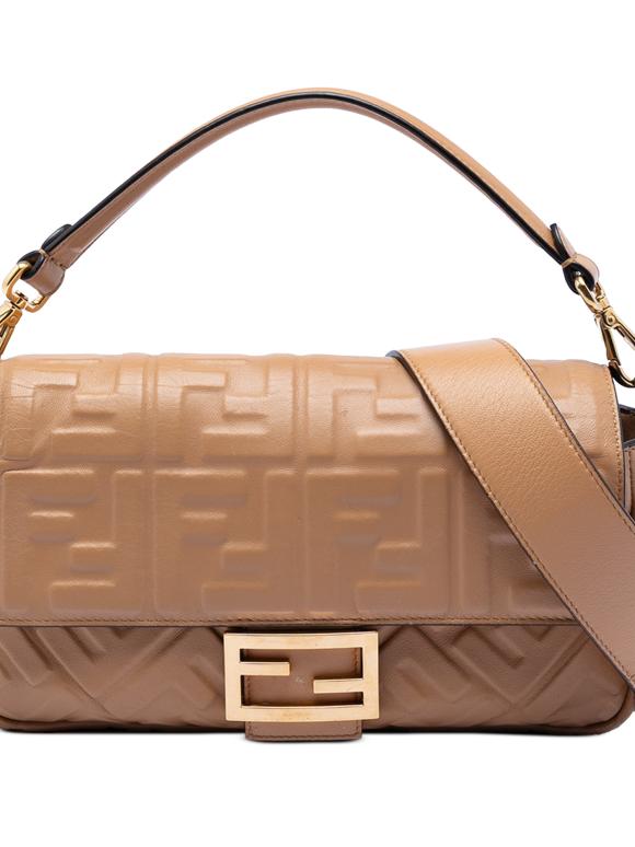 Fendi Beige Zucca Embossed Leather Baguette Satchel