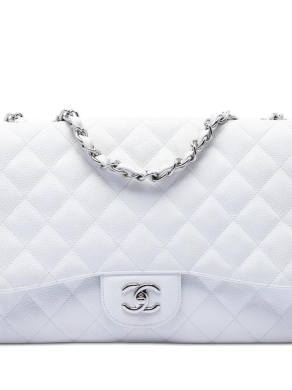Chanel White Jumbo Classic Caviar Single Flap