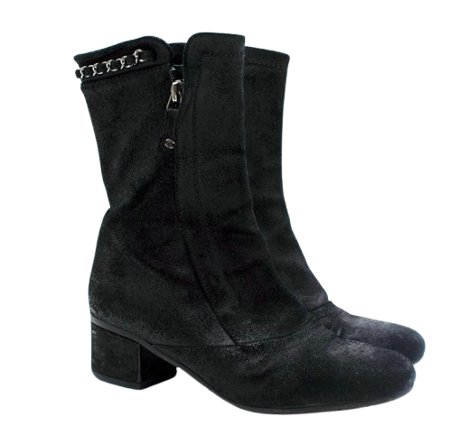 Chanel Black Suede Chain Trim Ankle Boots