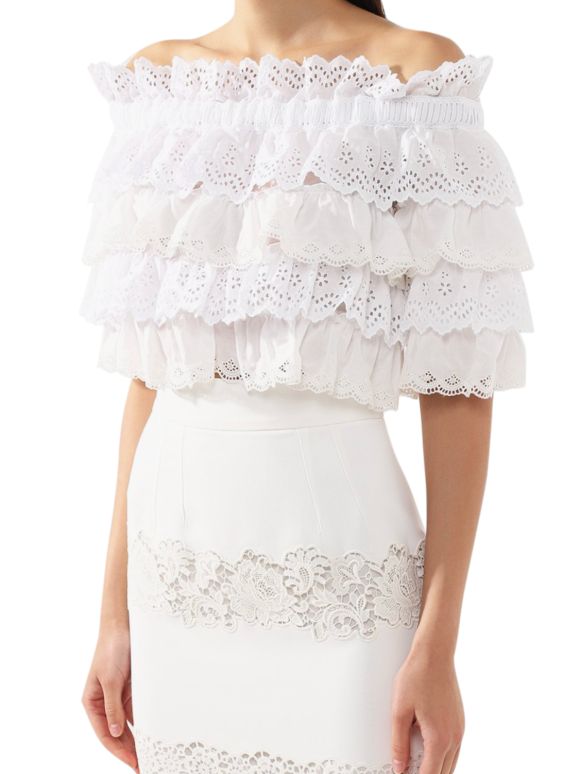 Dolce & Gabbana White cotton Broderie Anglaise ruffled crop top