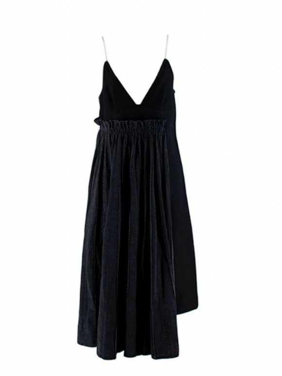 Sacai Black Wool Pleated Denim Skirt Midi Dress