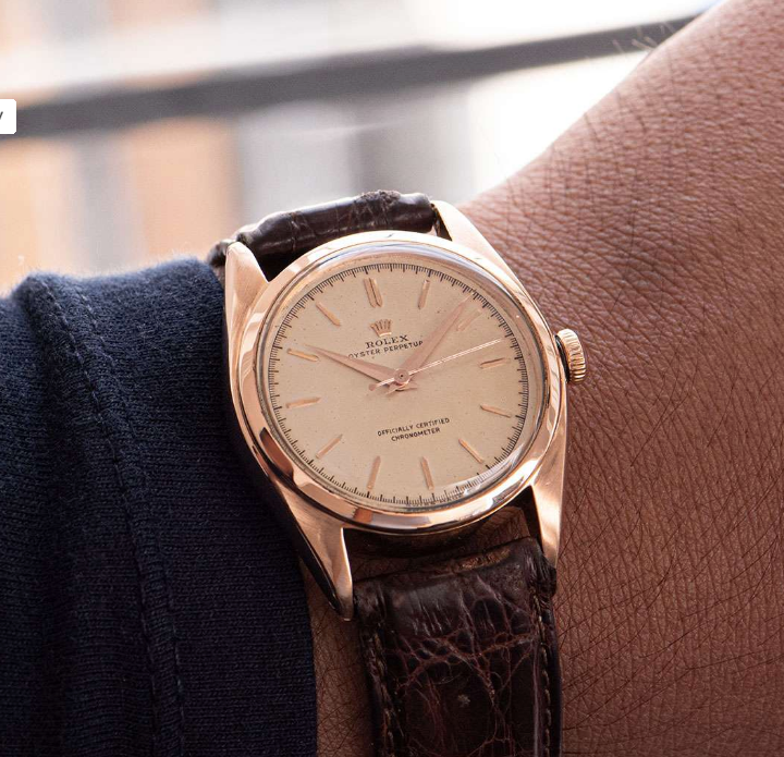 Rolex Oyster Perpetual Bubbleback 18k Rose Gold Vintage Watch Hewi