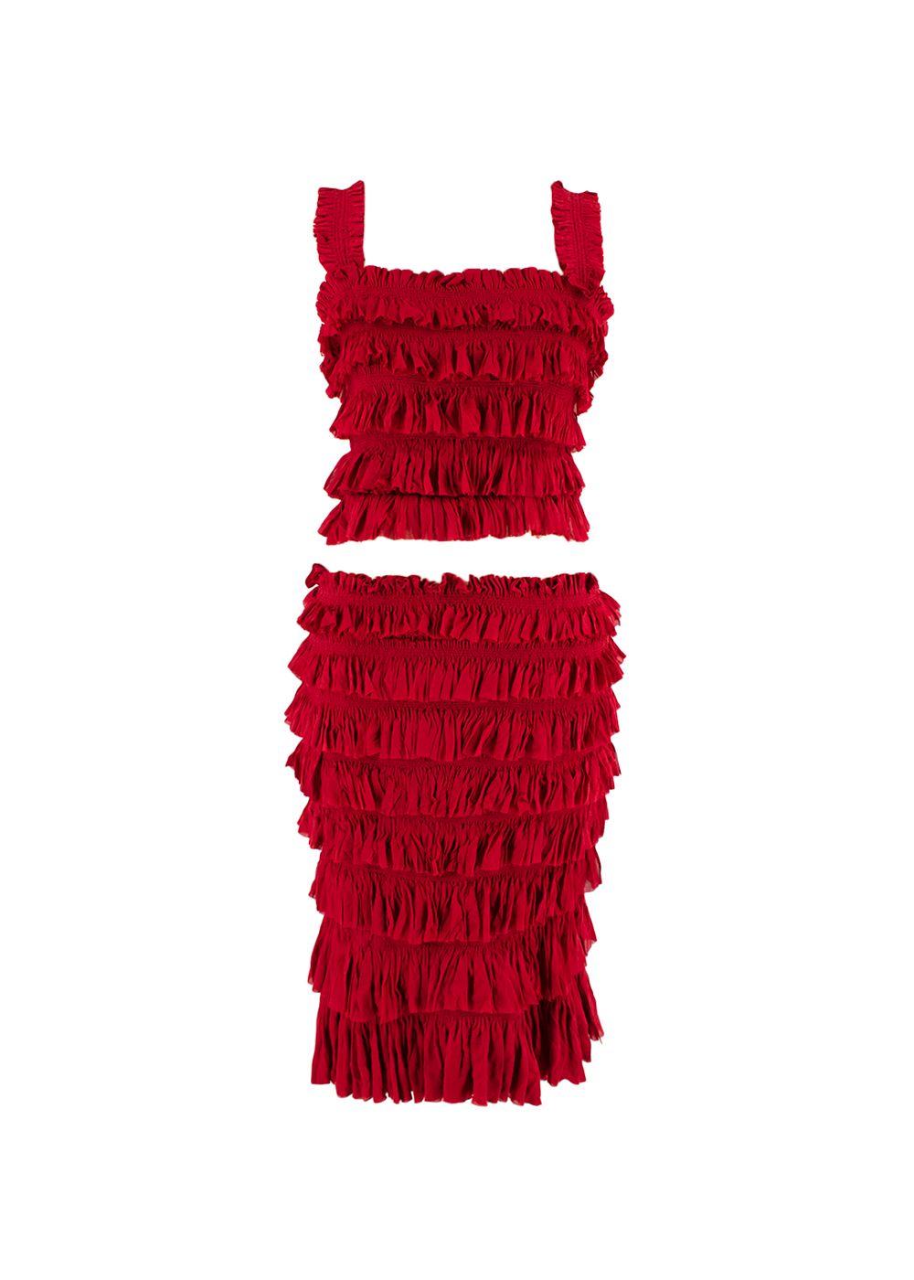 Alaia Red Ruffled Knit Cutout Sleeveless Top & Skirt S Hardly Ever