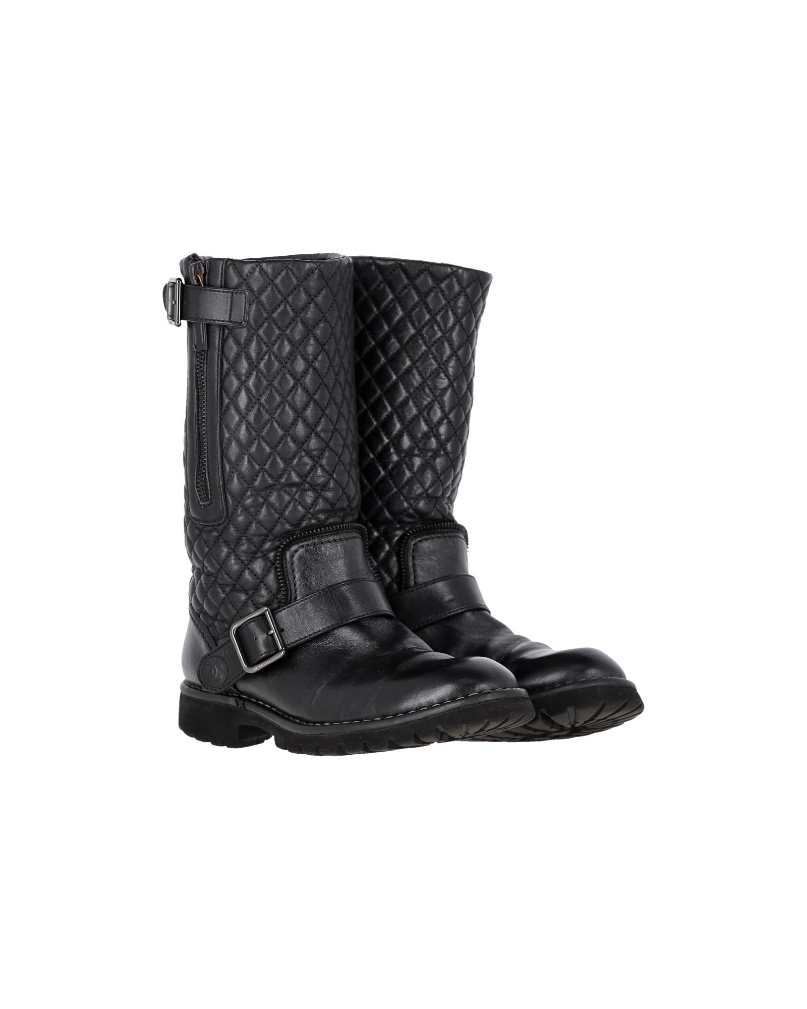 Chanel Black Quilted Leather Motorcycle Boots Hardly Ever Worn It