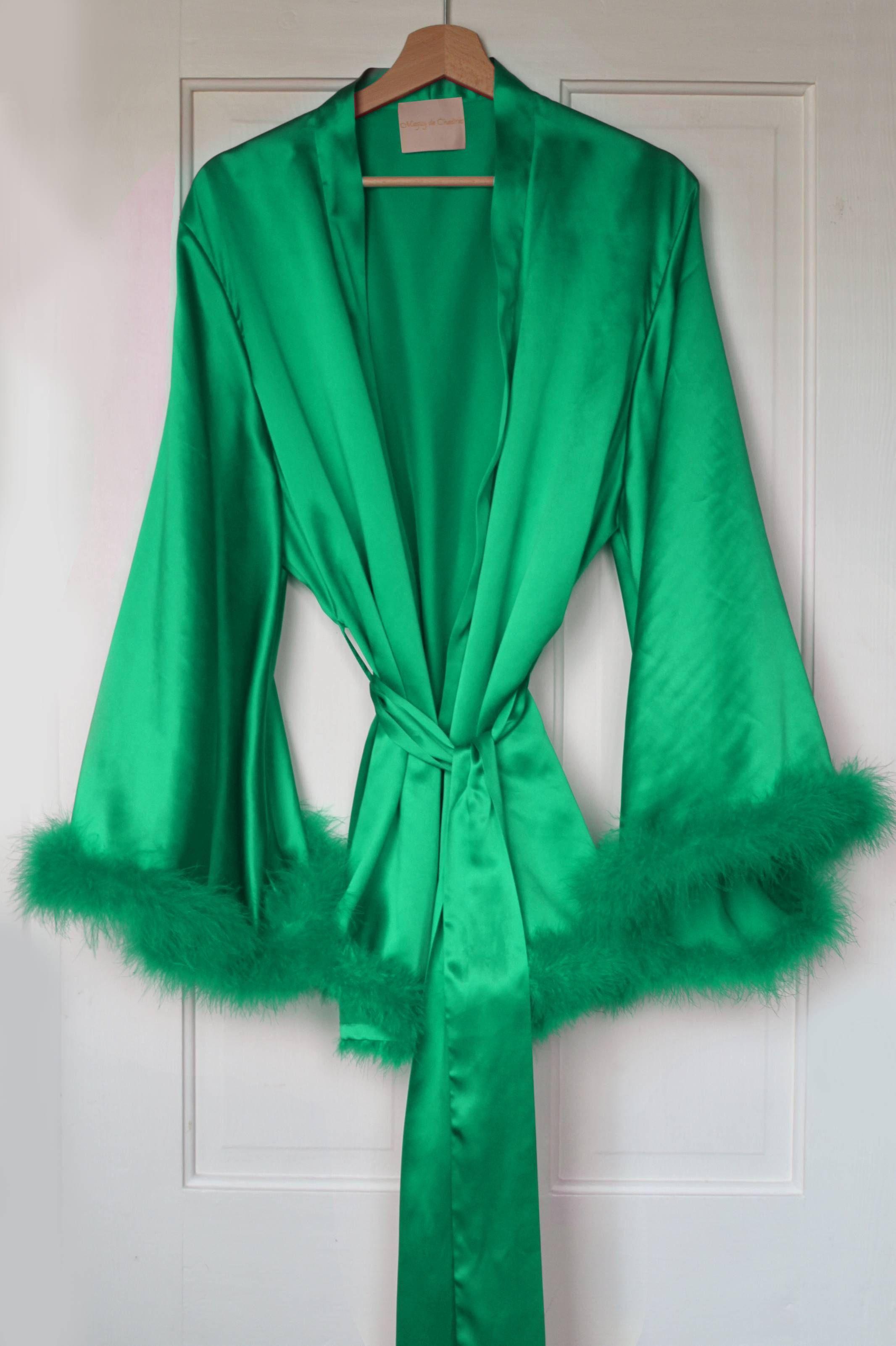 Maguy de Chadirac Emerald green silksatin marabou trimmed robe Hewi
